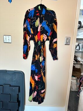 FARM Rio Black Maxi Dress with Multicolor Hand Print